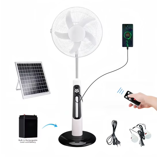 Ventilateur Solaire Rechargeable Complet + Panneau + 2 Lampes LED